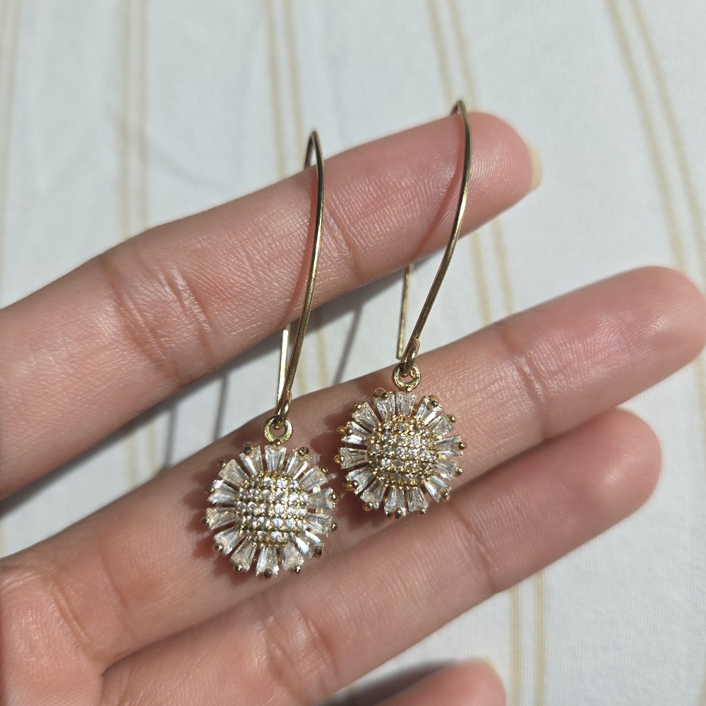 Dainty Sunflower Drop Dangle Gold Boho Hook Earrings CZ cubic zirconia